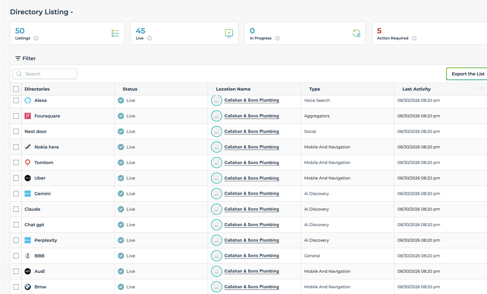 LeadSnap citation dashboard for one location: 50 listings, 45 live, zero in progress, five needing action, with a per directory table showing Alexa, Foursquare, Nextdoor, TomTom, Uber, Gemini, Claude, ChatGPT, Perplexity and more, each marked Live with its last sync time. The business name is fictionalized for customer privacy.