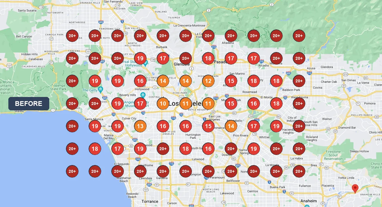 GBP rankings heat map before LeadSnap (mostly position 15+), default style