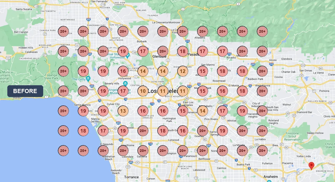 GBP rankings heat map before LeadSnap (mostly position 15+), pastel style