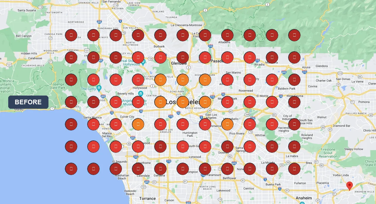 GBP rankings heat map before LeadSnap (mostly position 15+), stars style